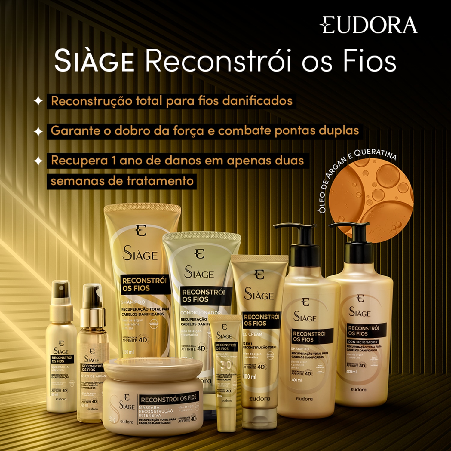 Kit Siàge Reconstrói Fios: Shampoo 400ml + Refil Shampoo 400ml + Condicionador 400ml + Refil Condicionador 400ml