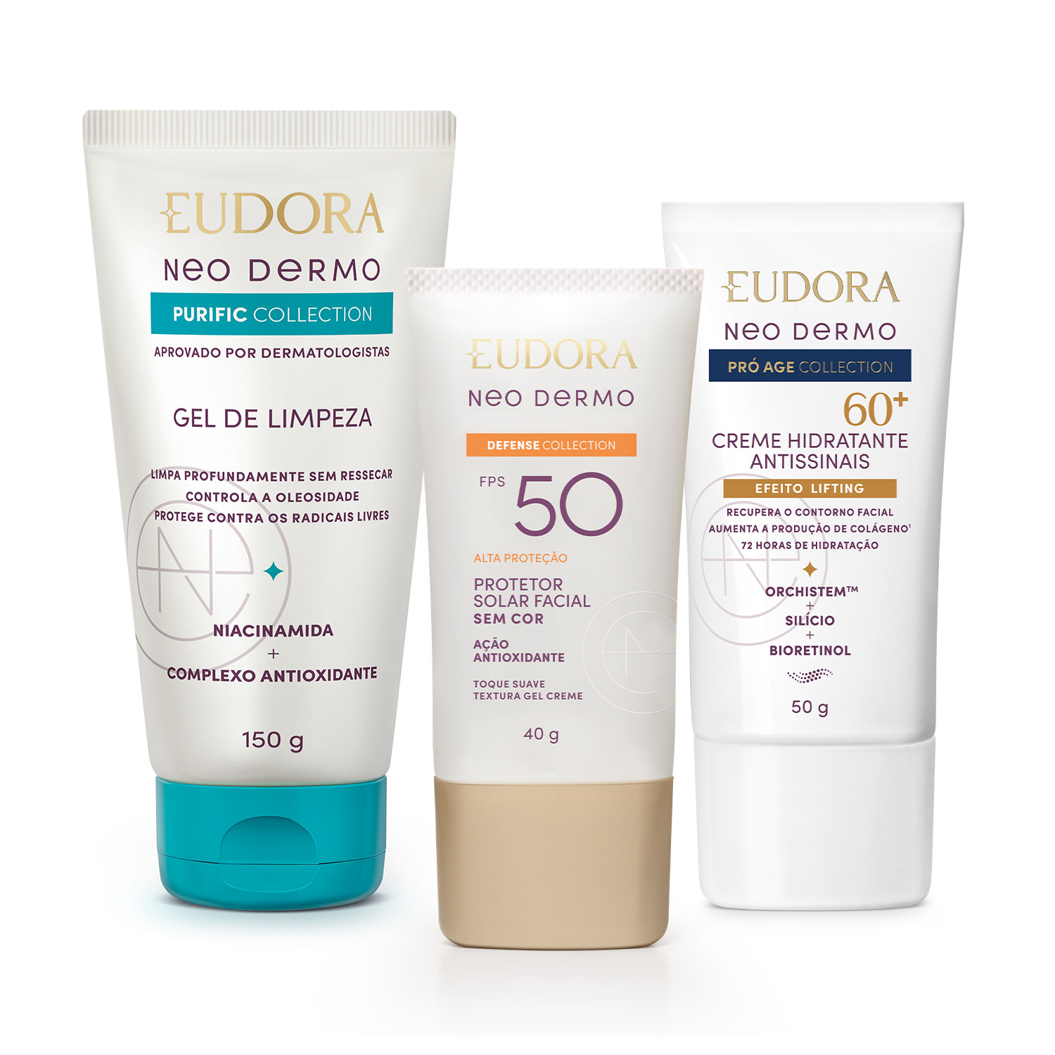 Combo Neo Dermo: Protetor Solar FPS 50 40g + Gel de Limpeza Facial 150g + Creme Facial 60+ 50g