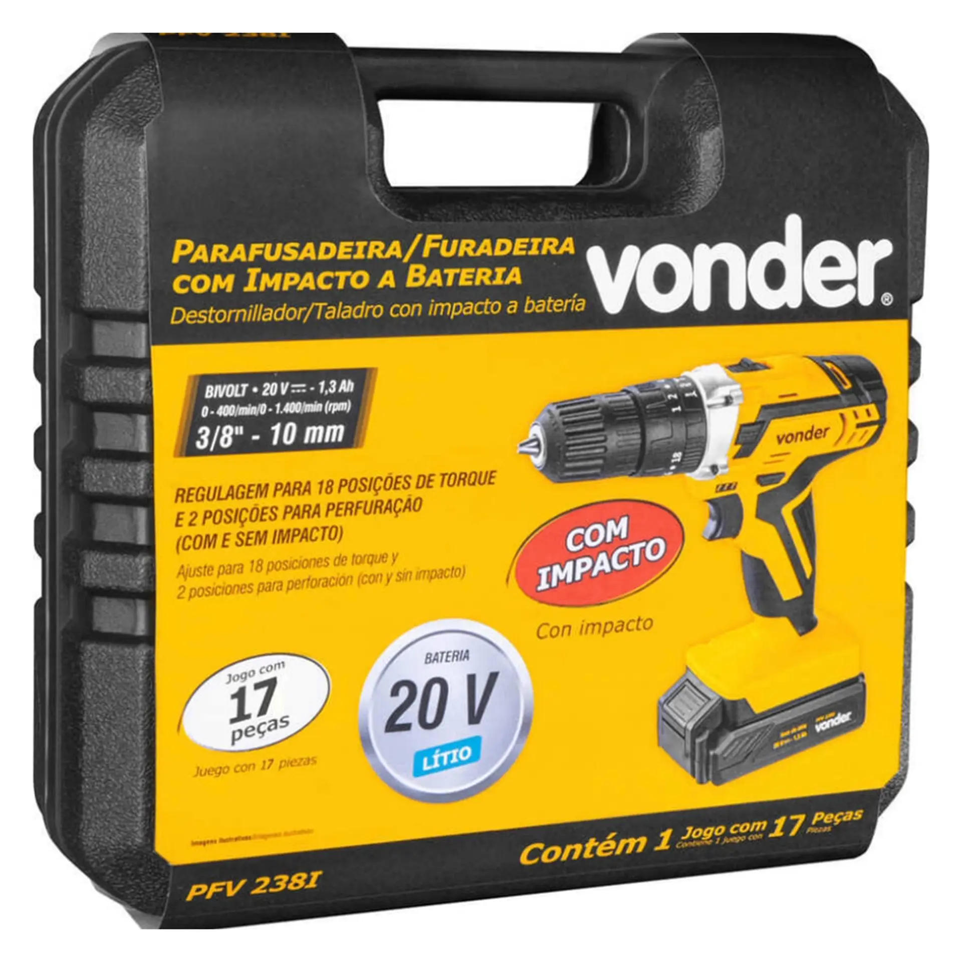 Parafusadeira Furadeira de Impacto Vonder Bateria 3/8 Polegadas PFV 238I - Preto/Amarelo - Bivolt
