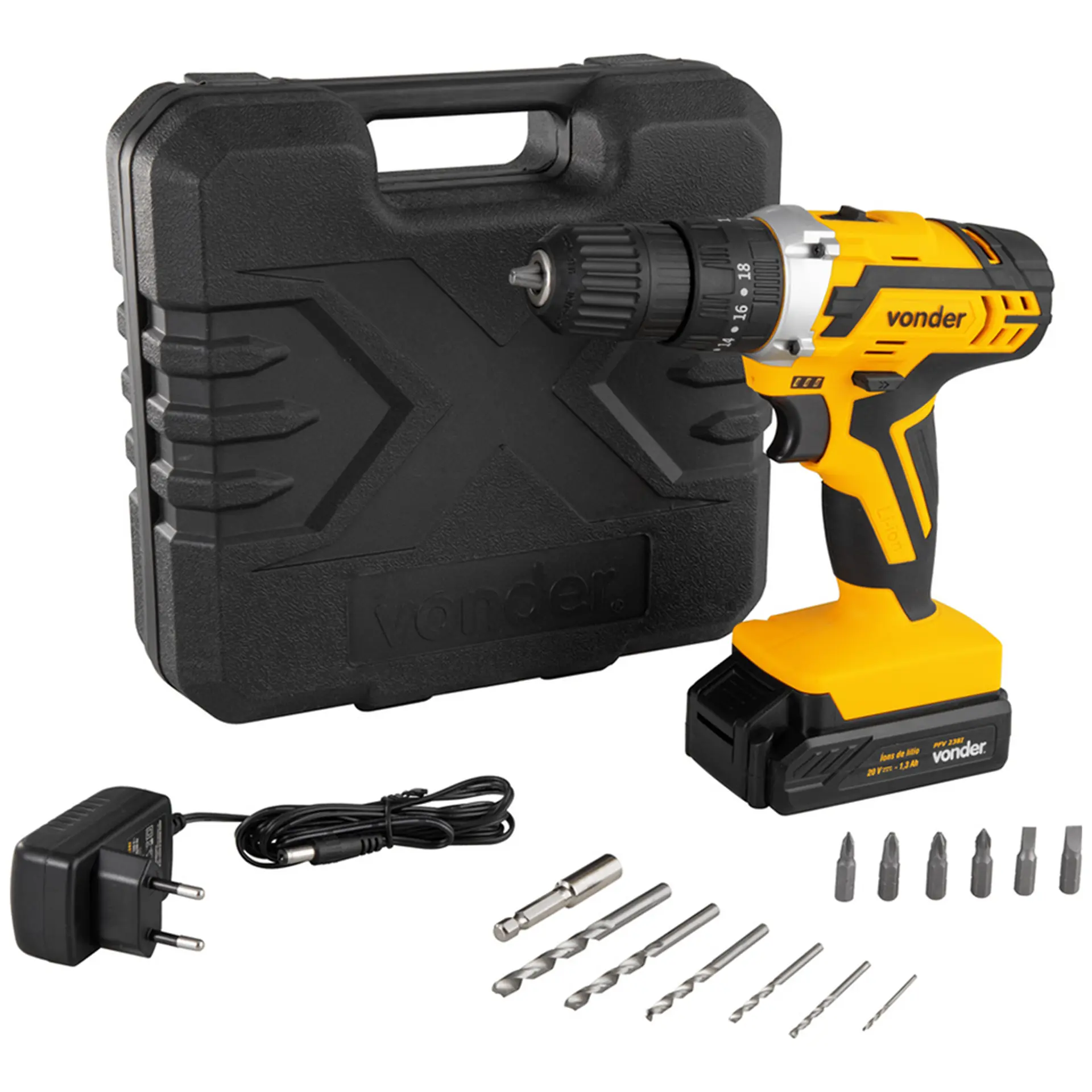 Parafusadeira Furadeira de Impacto Vonder Bateria 3/8 Polegadas PFV 238I - Preto/Amarelo - Bivolt