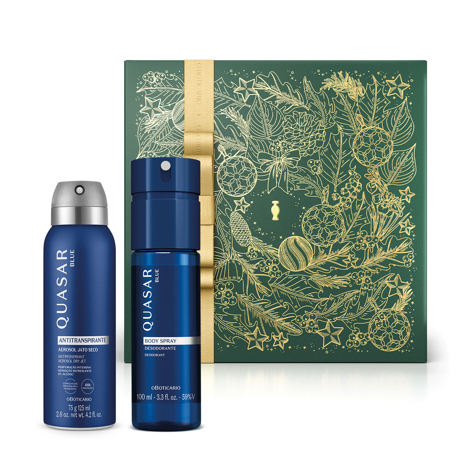 Combo Presente Quasar Blue: Desodorante Antitranspirante Aerossol 75g/125ml + Body Spray 100ml + Caixa Presenteável