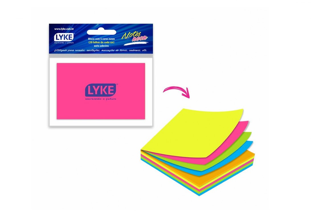 Bloco Adesivo Lyke 102x76 mm Neon 20 Folhas com 5 Cores