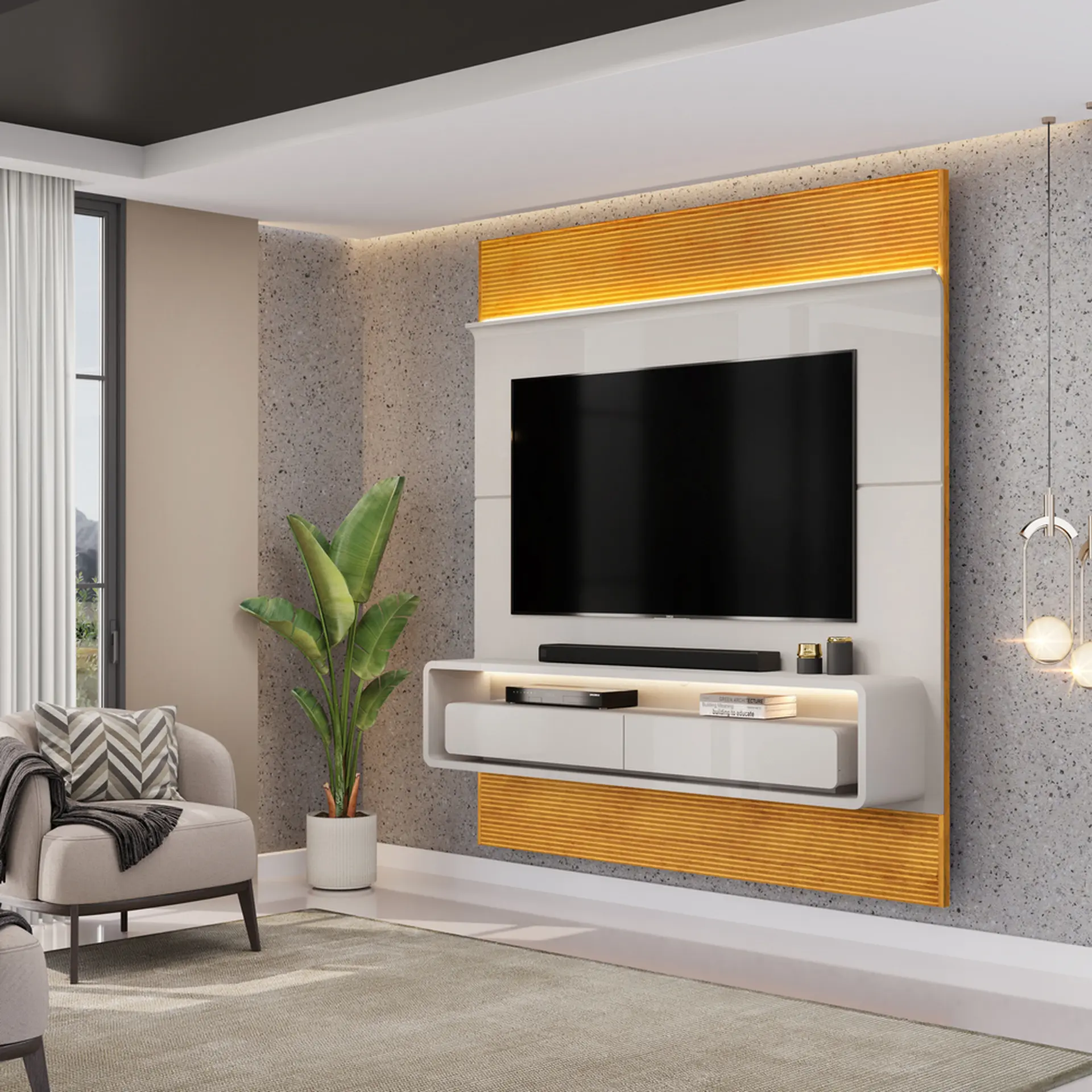 Painel para TV até 70" com LED 02 Gavetas Taylor DJ Móveis - BALI/CEDRO