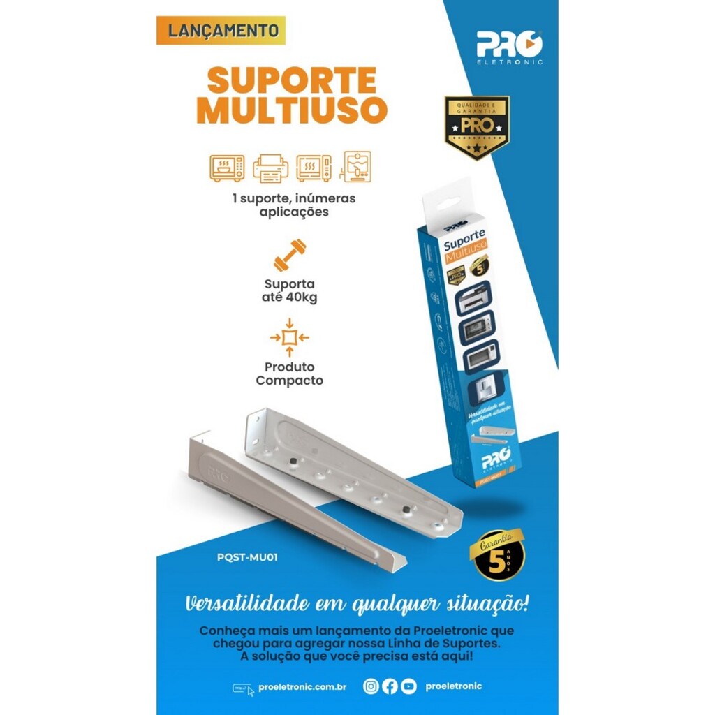 Suporte Multiuso de Parede até 40 kg - Proeletronic - PQST-MU01