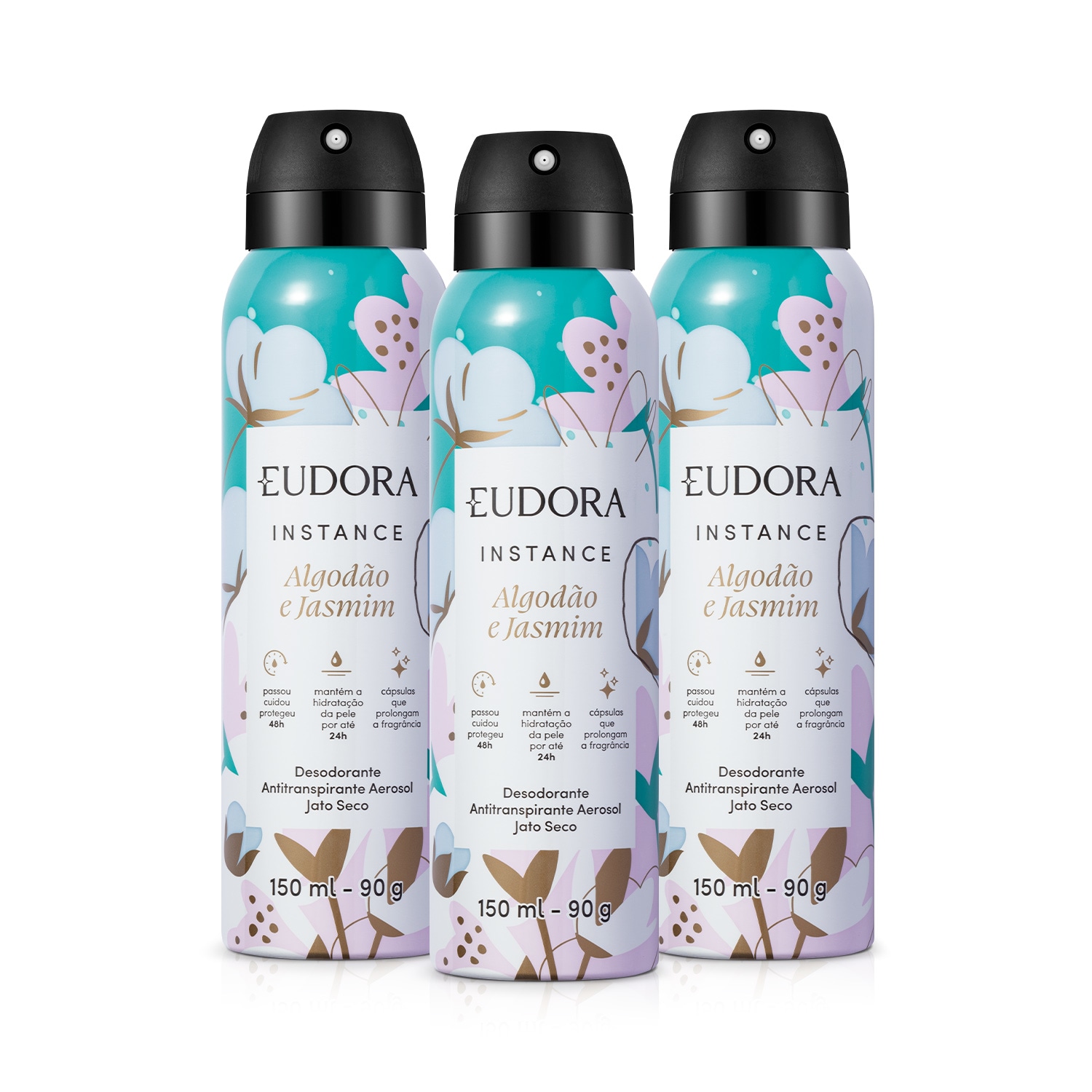 Combo Antitranspirante Aerosol Instance Algodão e Jasmim 3x150ml/90g