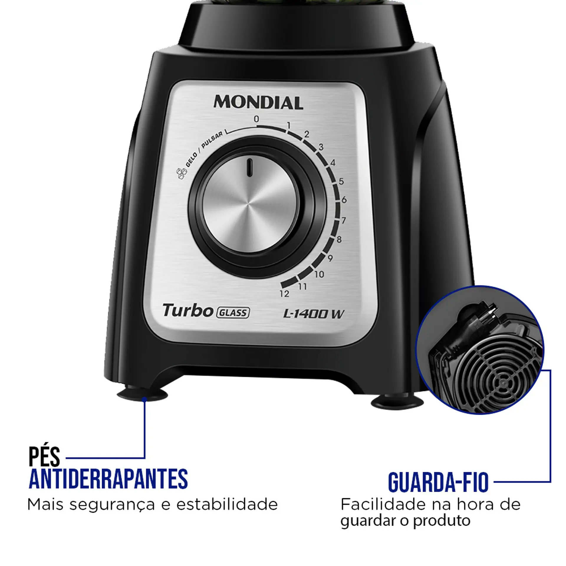 Liquidificador Mondial Turbo Glass L-1400-GI 2,2L 12 Velocidades 1400W - Preto/Inox - 110 Volts