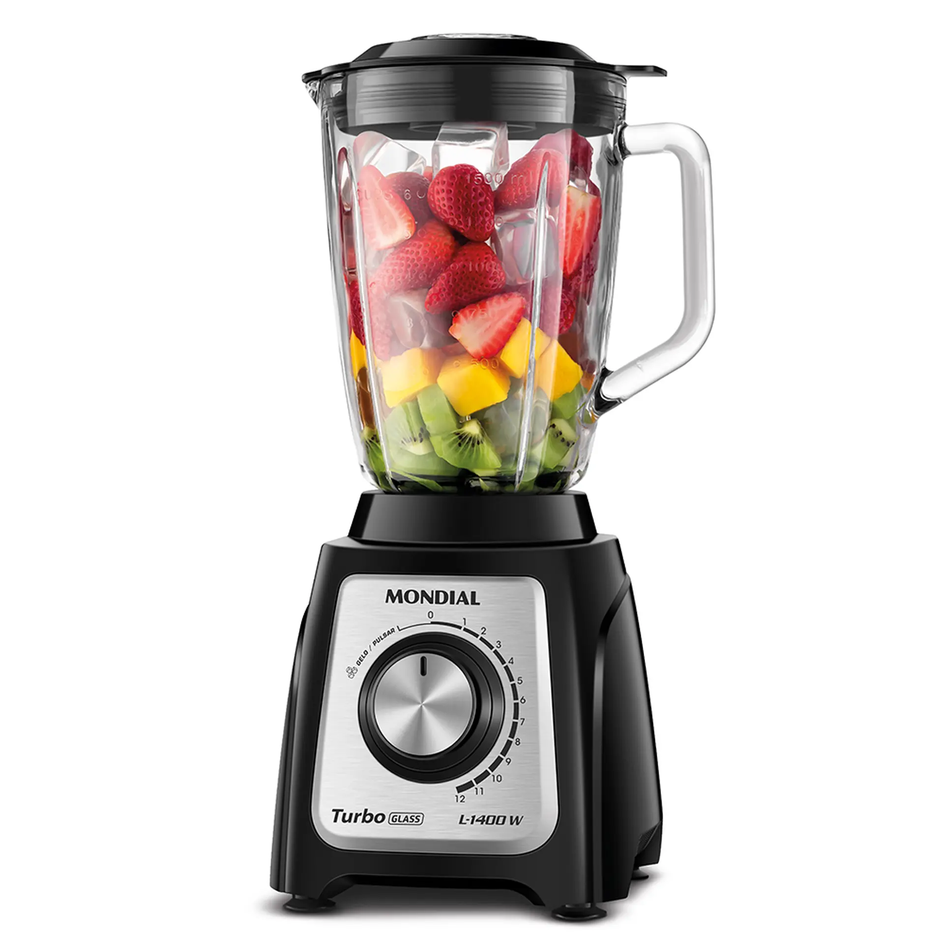 Liquidificador Mondial Turbo Glass L-1400-GI 2,2L 12 Velocidades 1400W - Preto/Inox - 110 Volts