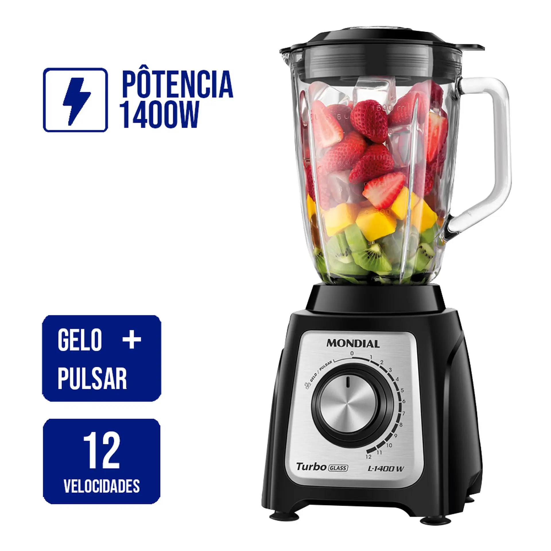 Liquidificador Mondial Turbo Glass L-1400-GI 2,2L 12 Velocidades 1400W - Preto/Inox - 110 Volts