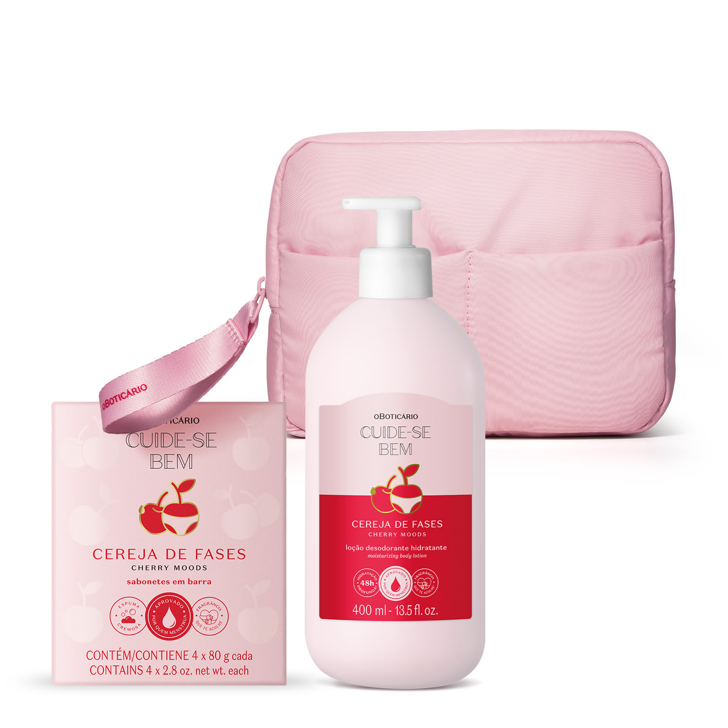 Combo Cuide-se Bem Cereja De Fases: Sabonetes Em Barra 4x80g + Loção Corporal 400ml + Nécessarie Rosa