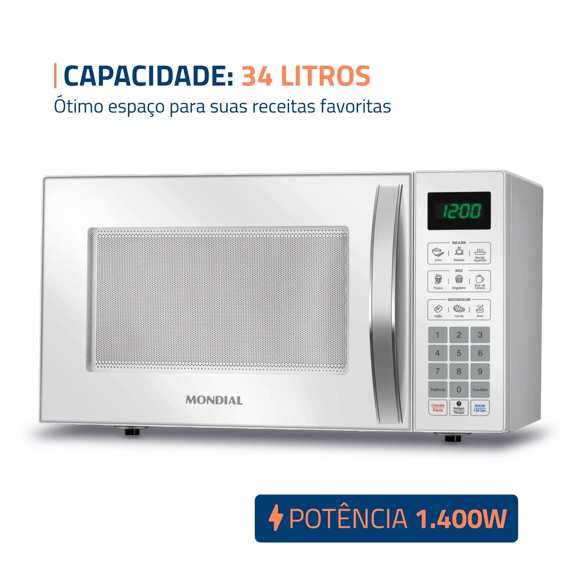 Micro-ondas de Bancada Mondial 34L 1400W Função Tira Odor MO0234 - Branco - 110 Volts