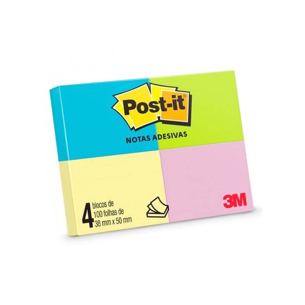 Bloco de Notas Adesivo 38x50mm com 4 Blocos de 100 Folhas 4 Cores - Post-it - 3M - HB004088348