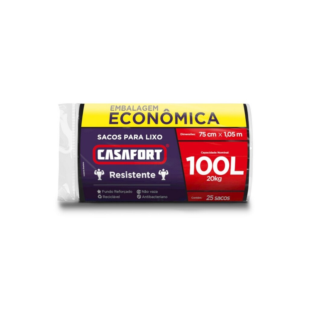 Saco de Lixo Preto 100 Litros 75x105cm CasaFort - 10120946 - Pacote com 25 Unidades