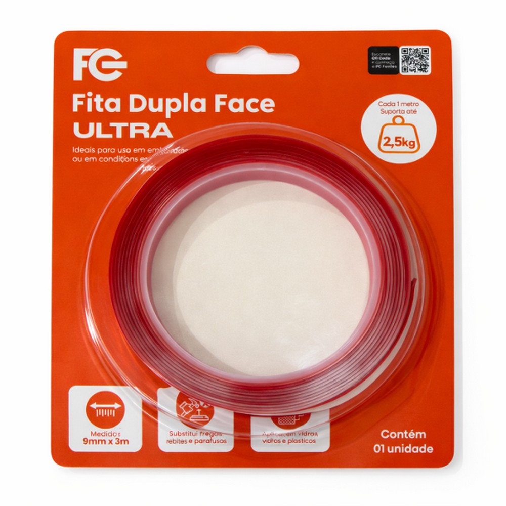 Fita Dupla Face Acrílico 9mm x 3m Unitário Fixa Forte FC Fontes FCFT0903D
