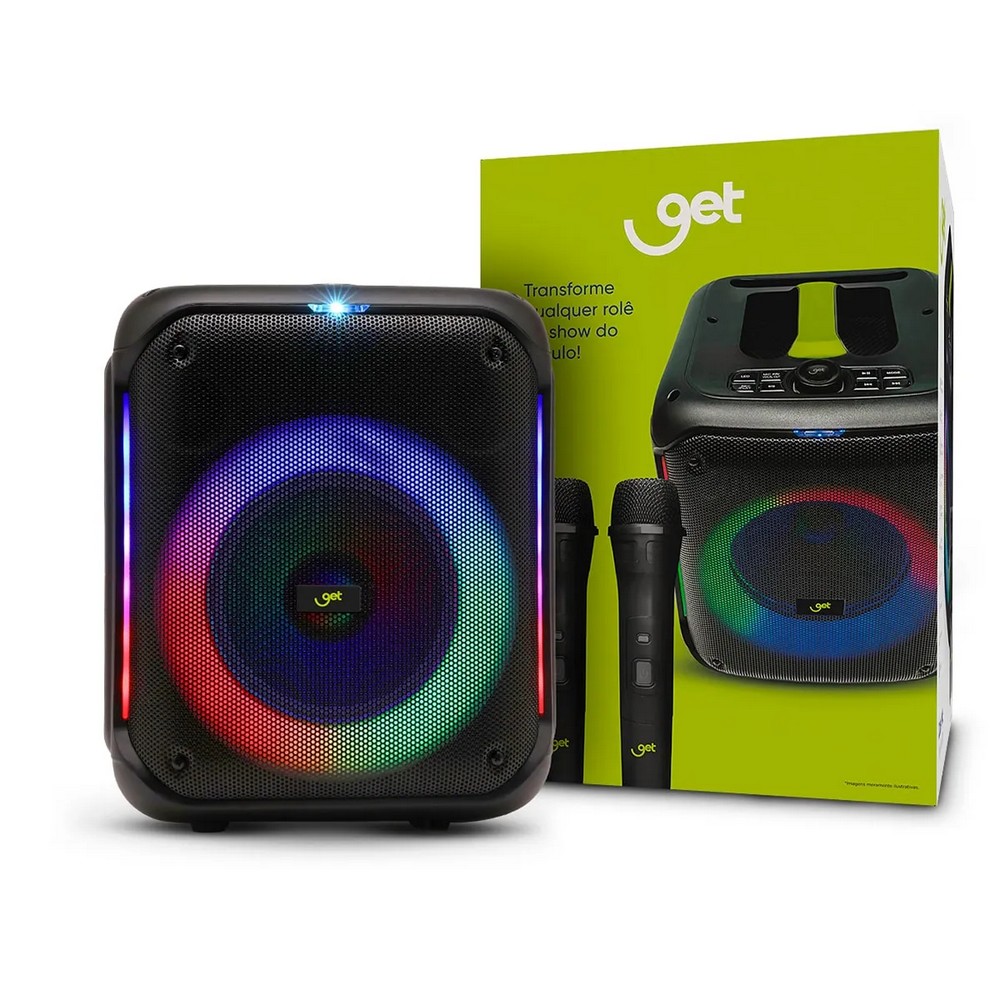 Caixa de Som Amplificada Get Cube 250W RMS TWS Bluetooth USB Cartão de memória Rádio FM Entrada Auxiliar 2 Microfones 72231