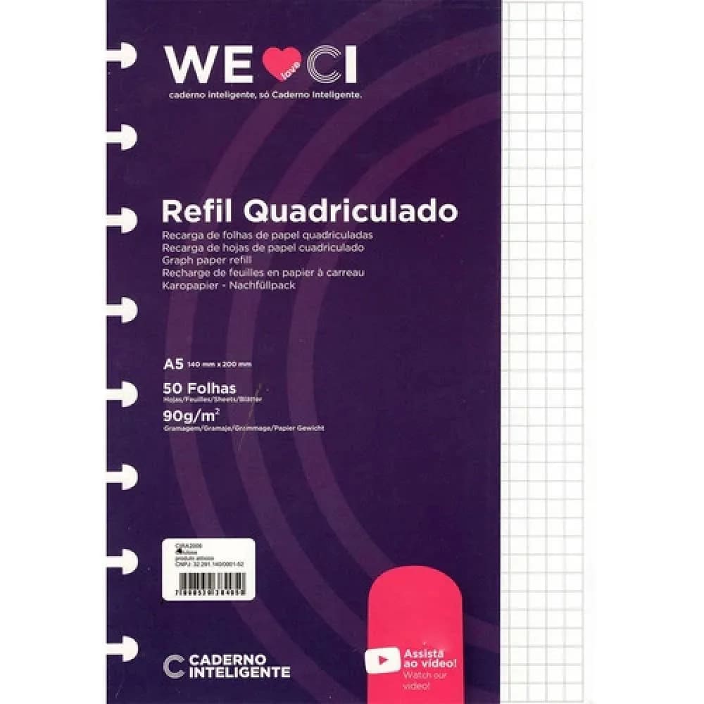 Refil para Caderno Inteligente Grande Quadriculado 50 Folhas 90 Gramas
