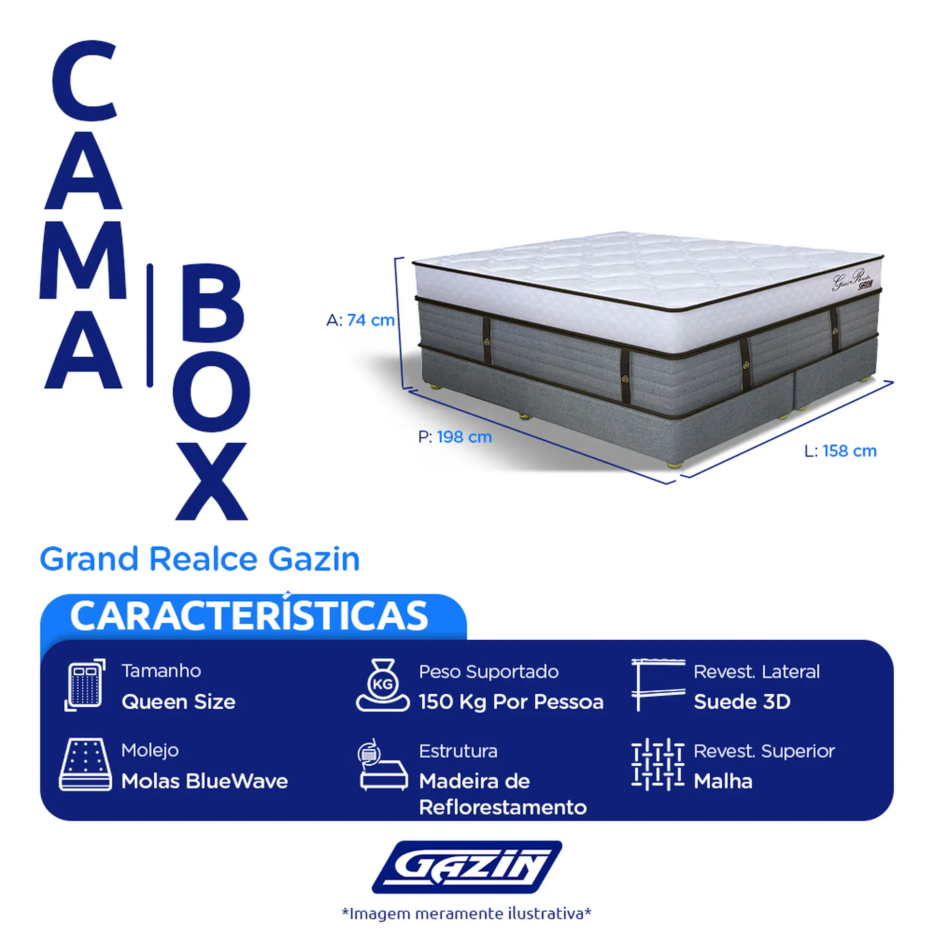 Colchão Cama Box Gazin Molas BlueWave Queen Size Grand Reale 158x198