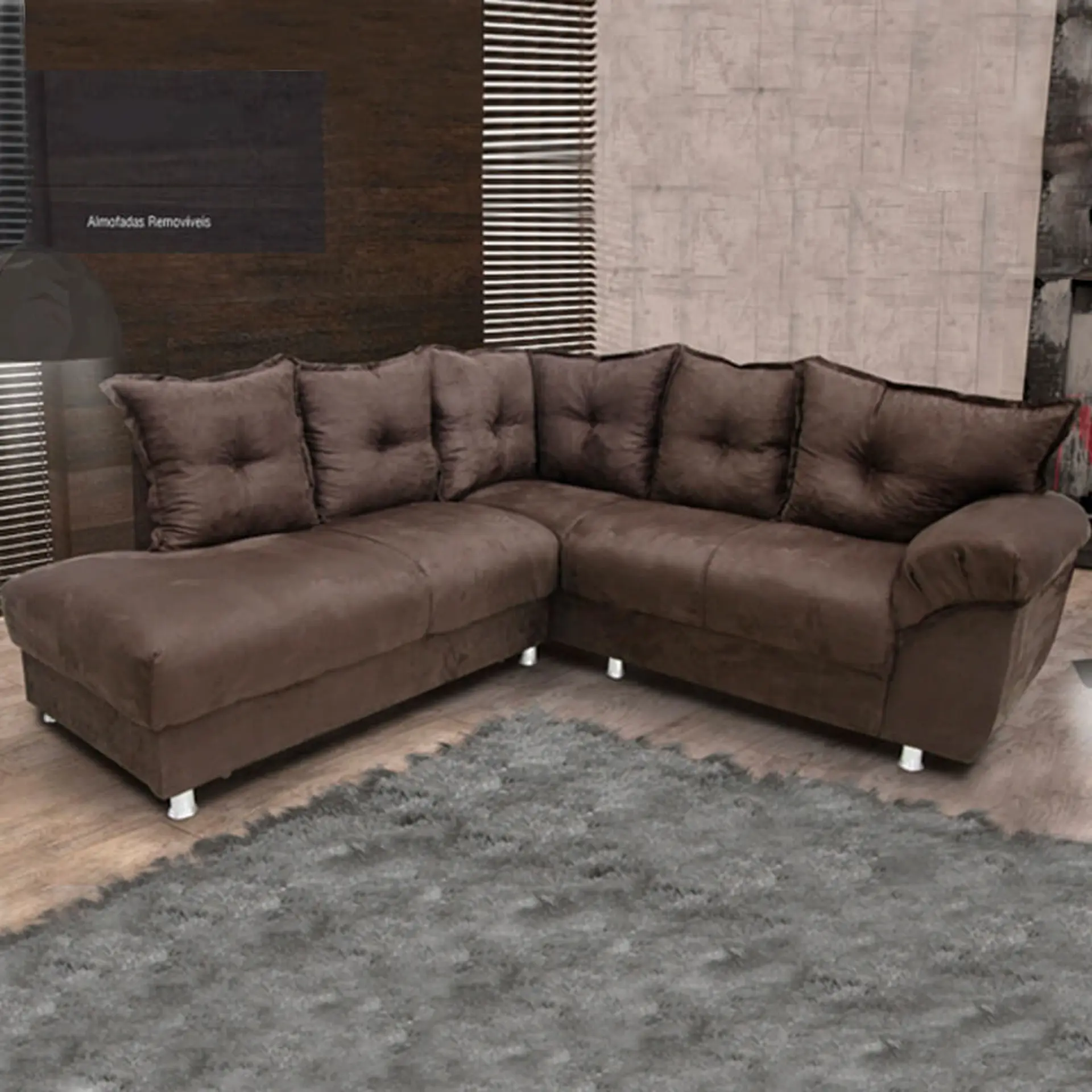 Sofá de Canto 5 Lugares 210cm Revestimento em Suede Gazin Chicago - Marrom Tec Suede Camurça E 982578 (Ln3)