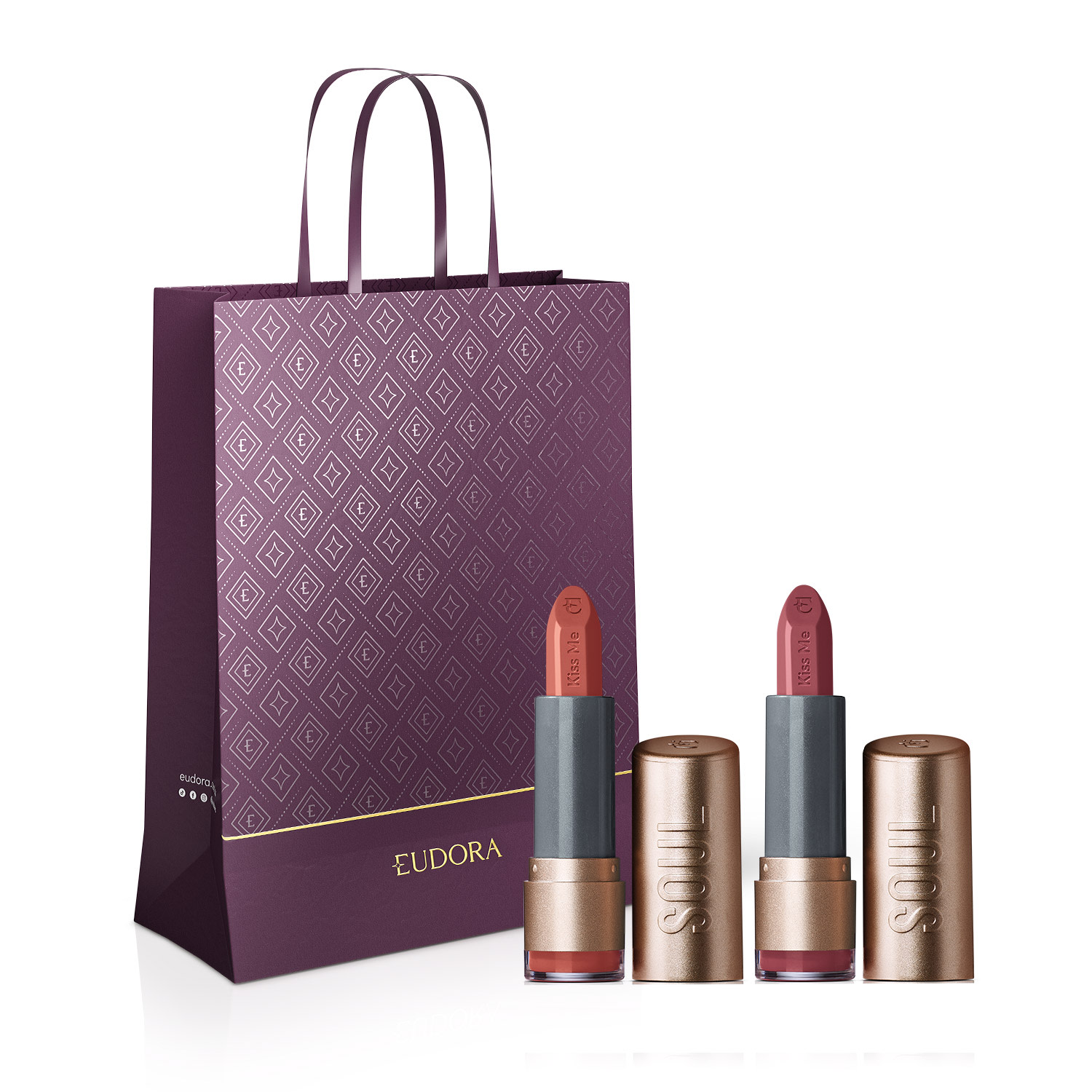 Combo SOUL Kiss Me: Batom Malva da Moda 3,7g + Batom Rosa Nude Veludo 3,7g + Sacola