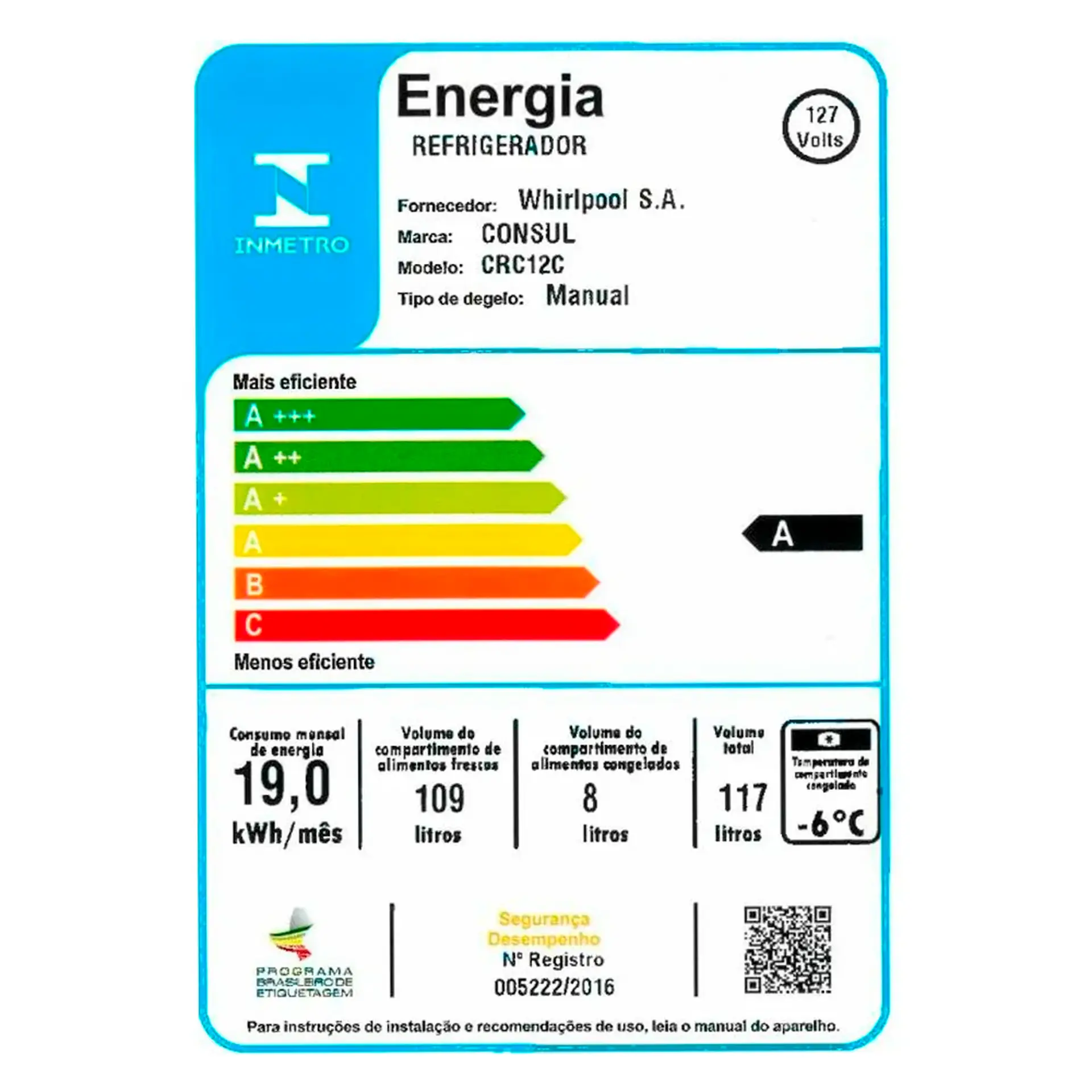Frigobar Consul 117L 1 Porta Degelo Manual com Gaveta Multiuso CRC12CB - Branco - 110 Volts