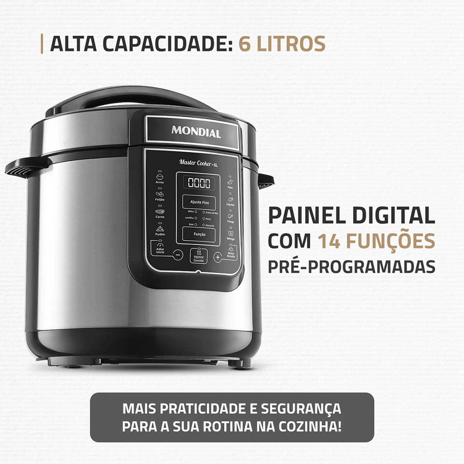 Panela de Pressão Mondial Digital 6L 1000W PE60 - Preto/Inox - 110 Volts