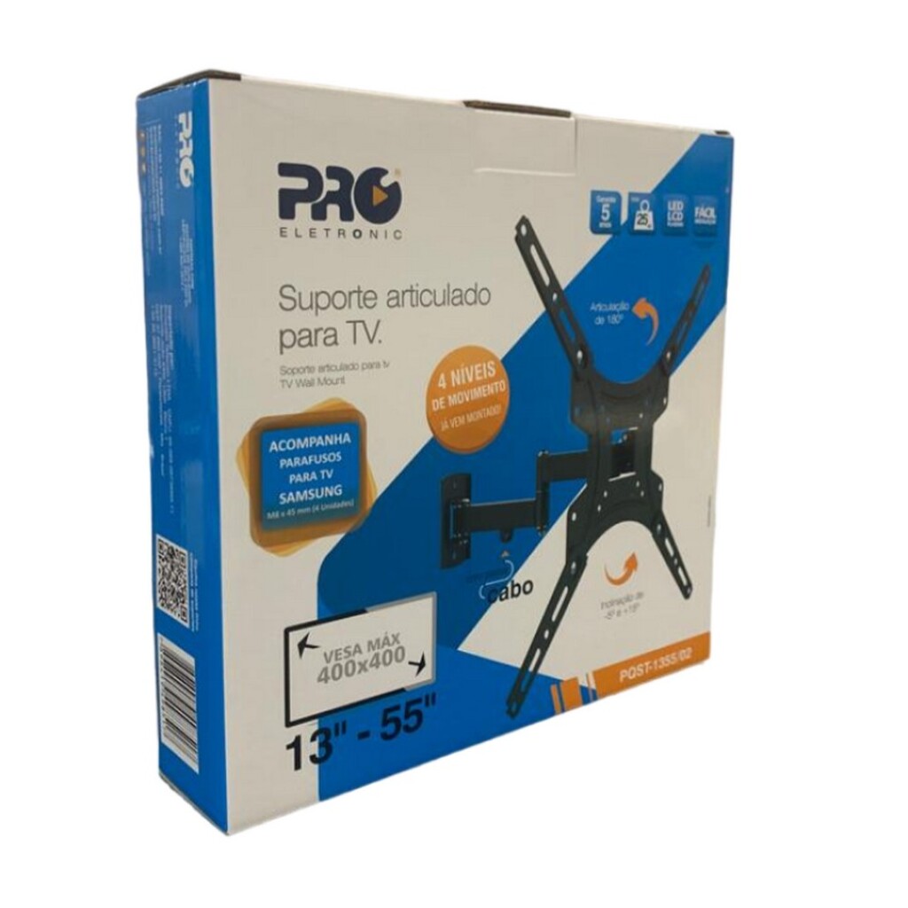 Suporte Tri-Articulado para TV 13 a 55 Polegadas Permite Inclinação e Articulação 4 Movimentos Proeletronic - PQST-1355/02
