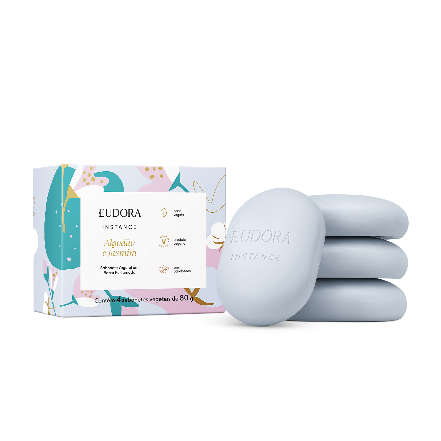 Kit Sabonetes em Barra Vegetal Perfumado Instance Algodão e Jasmim 4x80g