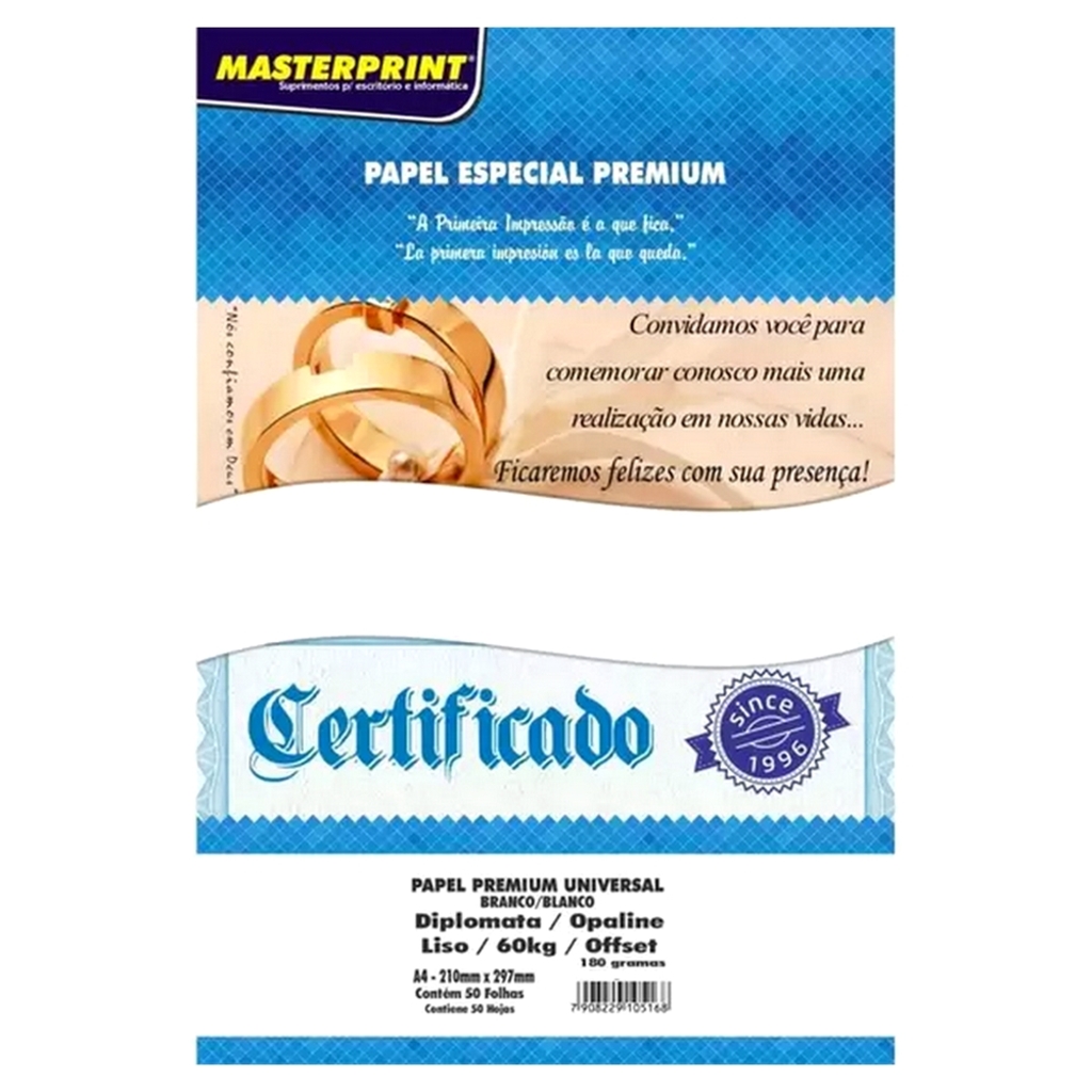 Papel Premium Branco Opaline A4 50 Folhas 180 Gramas Masterprint - 121010001