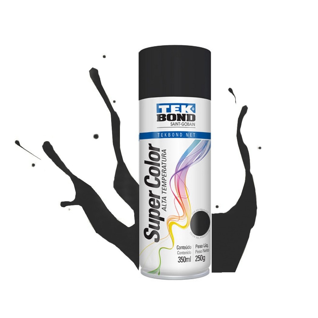 Tinta Spray Super Color Preto Fosco Alta Temperatura com 350ml/250g Tekbond - 69957366618