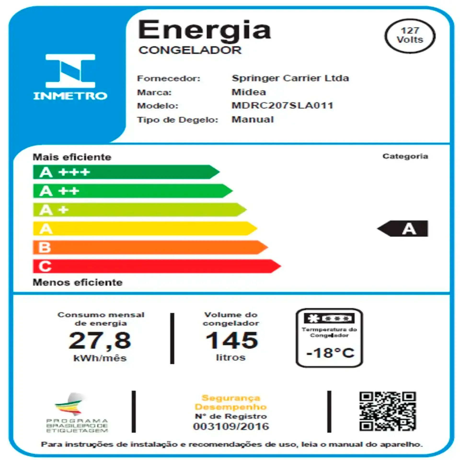 Freezer Midea 145L 1 Porta Horizontal MDRC207SLA01 - Branco - 110 Volts