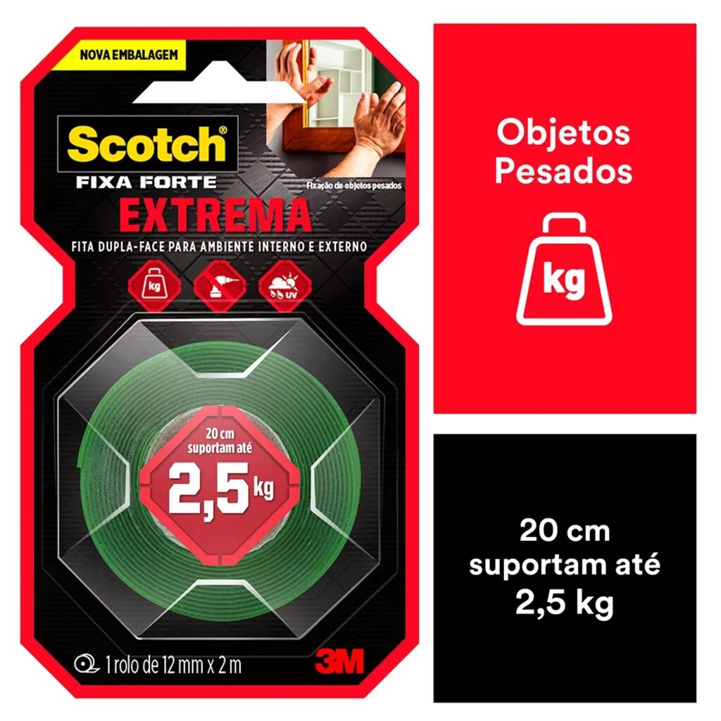 Fita Dupla Face Acrílico 12mm x 2 Metros Unitário Fixa Forte Fixação Extrema - Scotch 3M - HB004750087