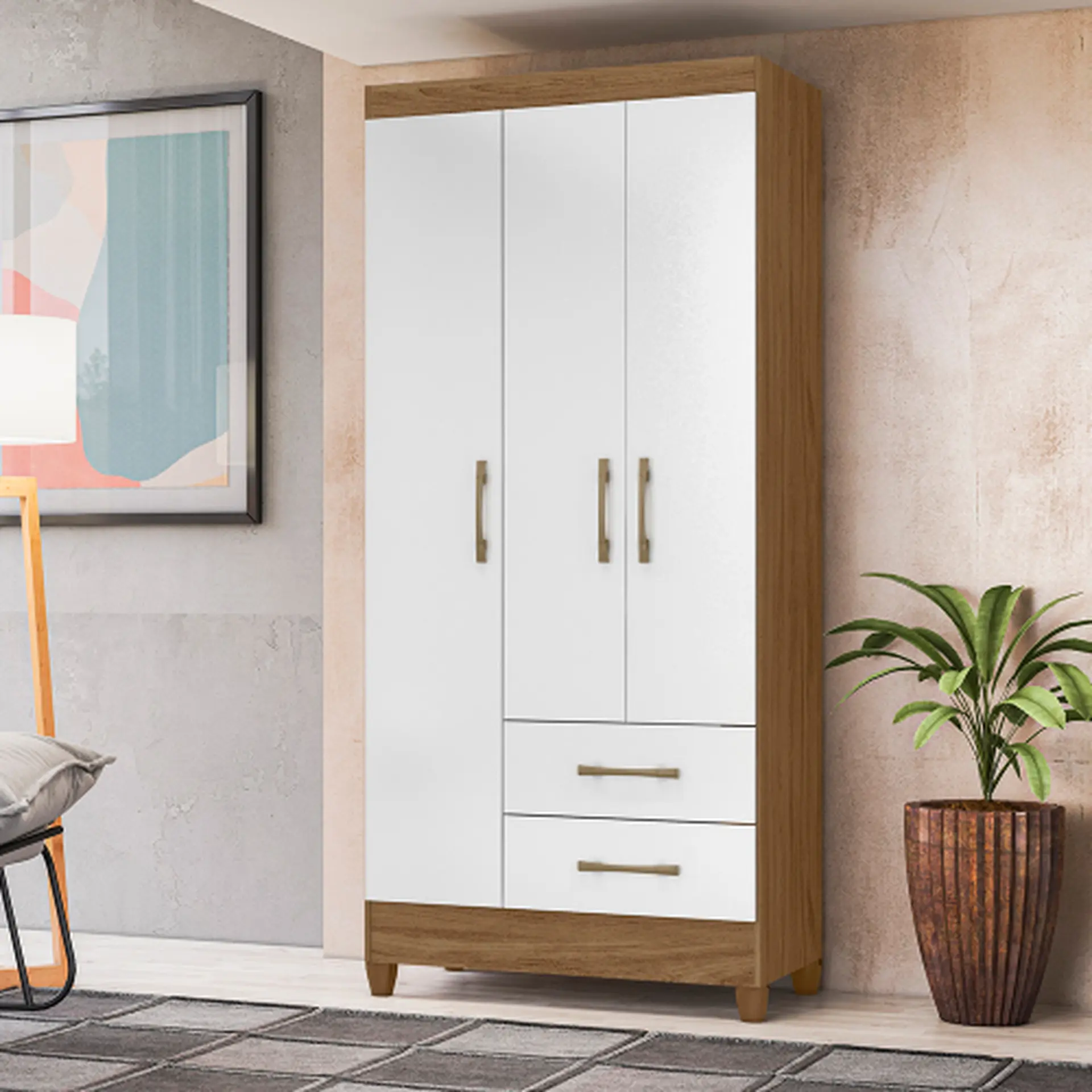 Guarda-Roupa Solteiro 3 Portas Bater 2 Gavetas Lima Moval Roupeiro - Naturale/branco