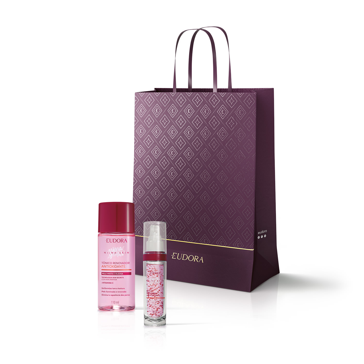 Combo Niina Skin: Sérum Antioxidante Vitamina C 30ml + Tônico Renovador Antioxidante 110ml + Sacola