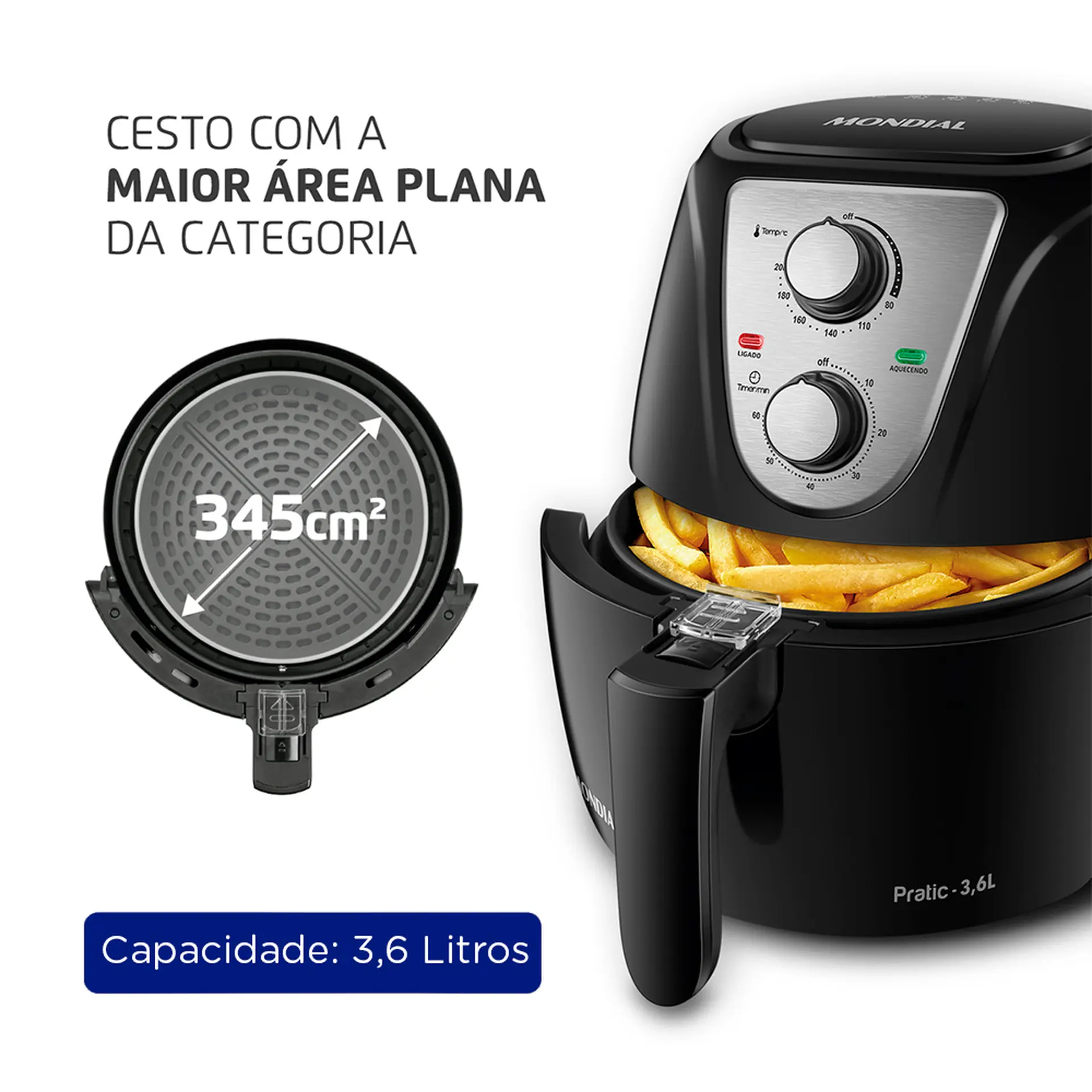 Fritadeira Elétrica Air Fryer Mondial Pratic AF-36 3,6L 1500W - Preto/Inox - 110 Volts