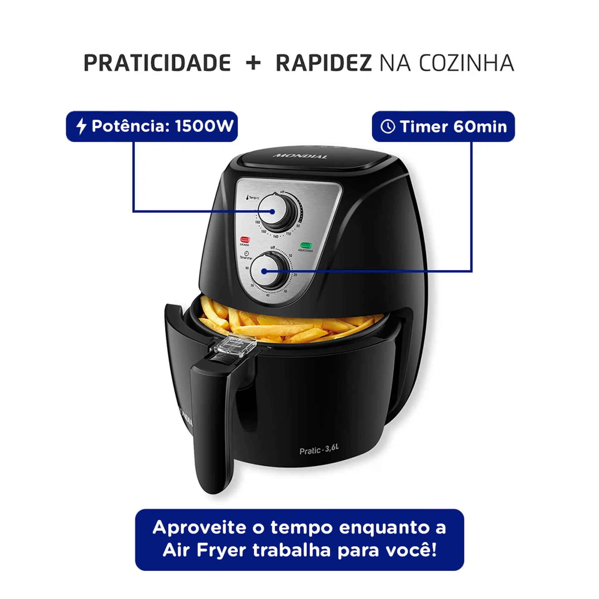 Fritadeira Elétrica Air Fryer Mondial Pratic AF-36 3,6L 1500W - Preto/Inox - 110 Volts