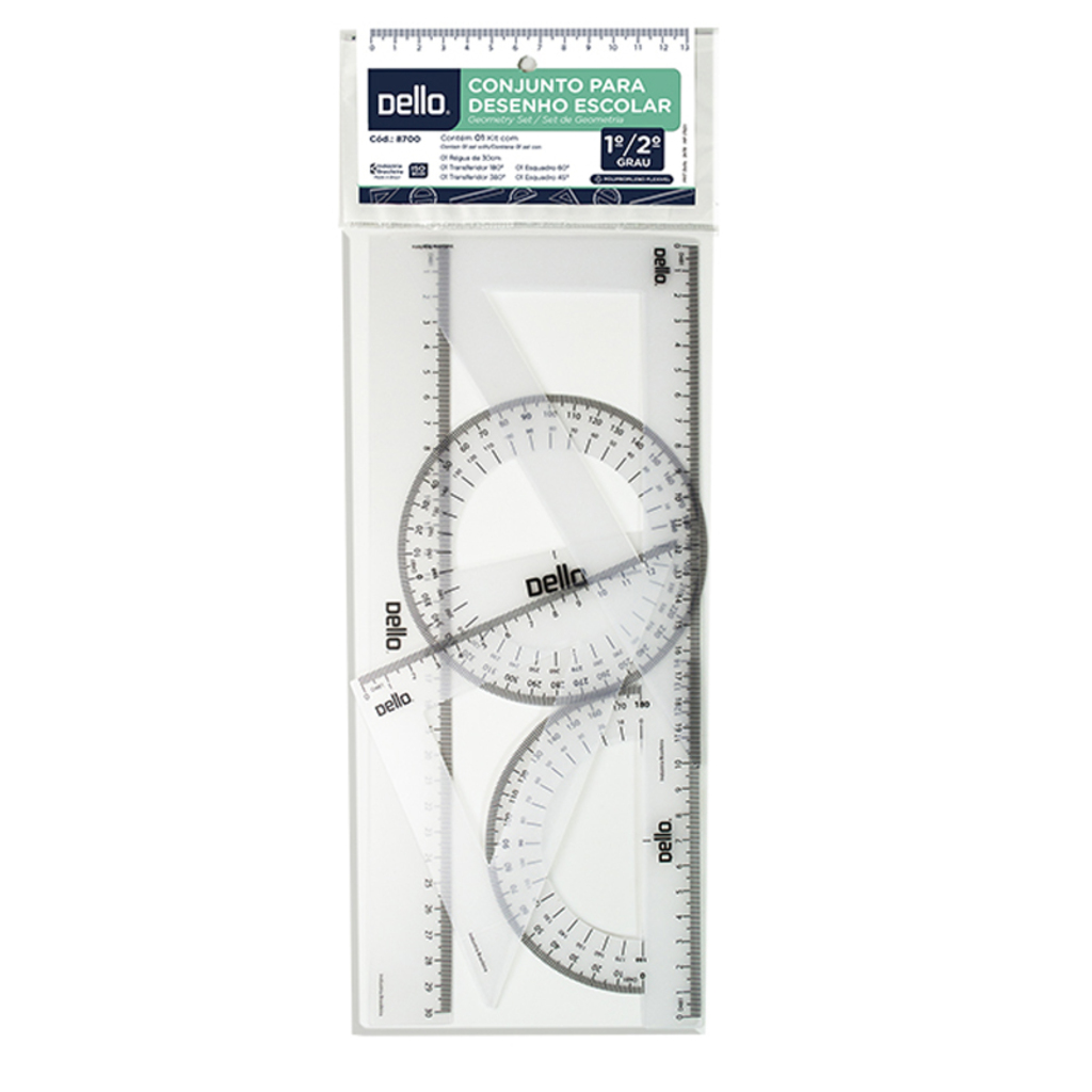 Kit Régua Geométrico Flexível Composto por 1 Régua de 30cm, 1 Transferidor 180°, 1 Transferidor 360°, 1 Esquadro 60° e 1 Esquadro 45° - Dello - 8700-H