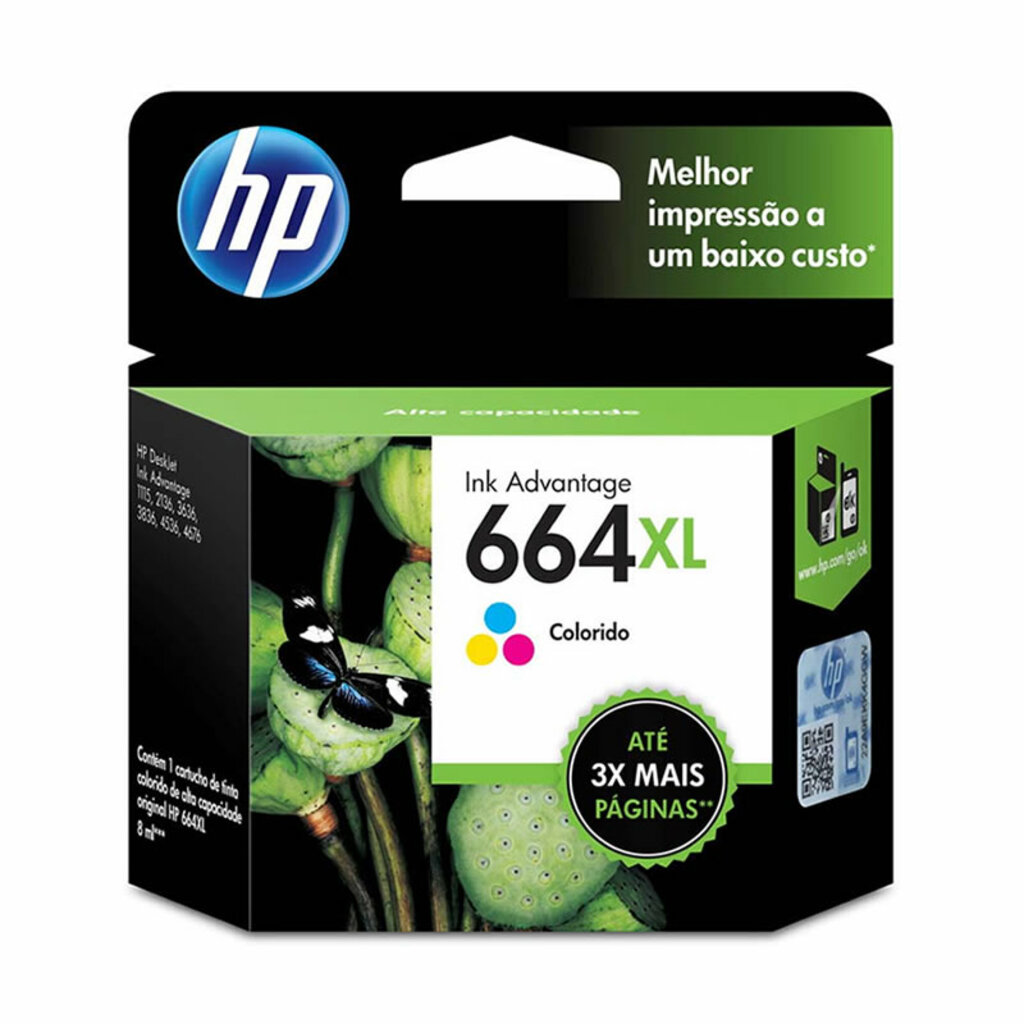 Cartucho de Tinta HP 664XL Colorido Original - F6V30AB - 330 páginas para 1115, 2134, 2136, 2676, 3686, 3776, 3788, 3790, 3836, 4536, 4676, 5076, 5276