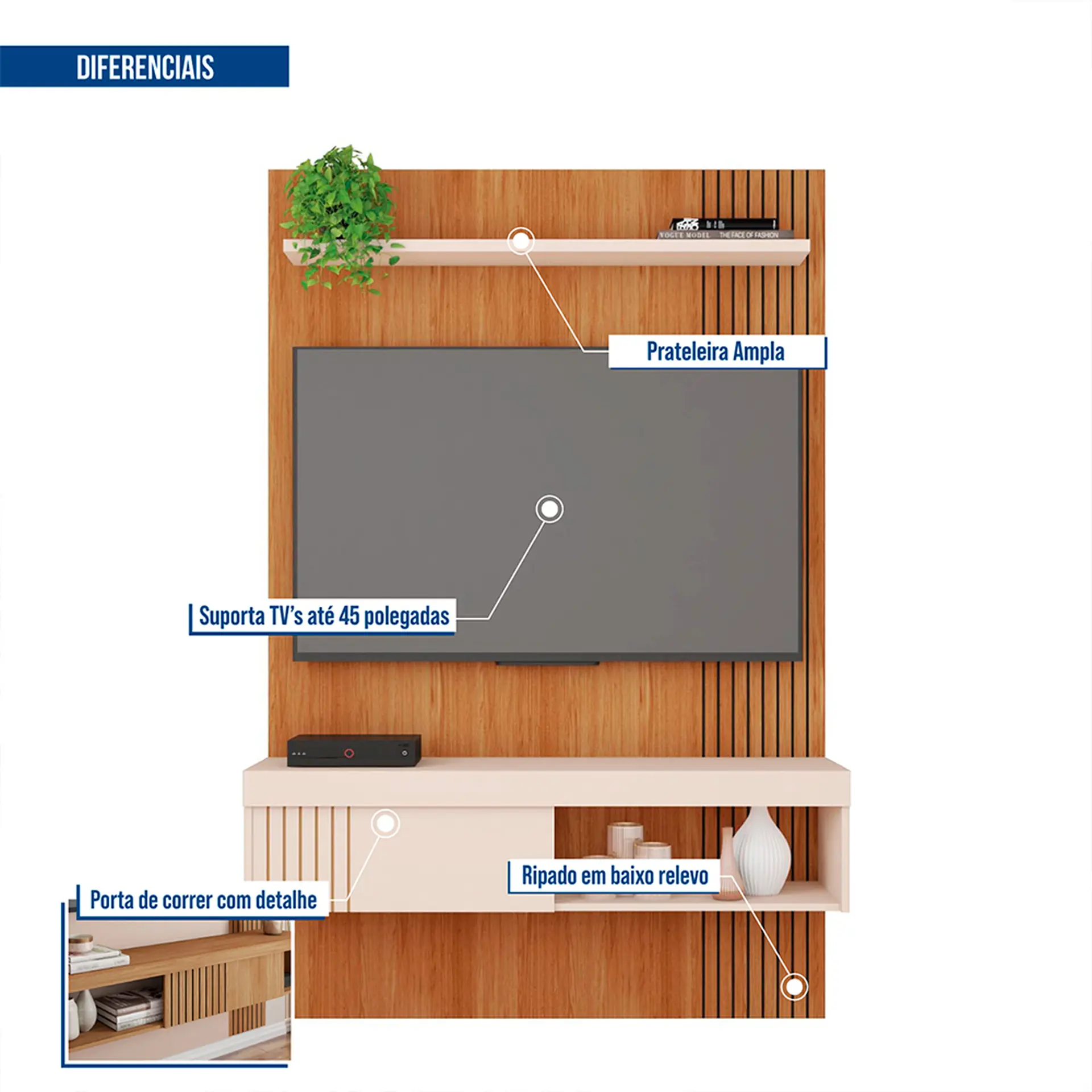 Painel para TV até 45" com Porta Deslizante Jade Caemmun - Freijo/Off White