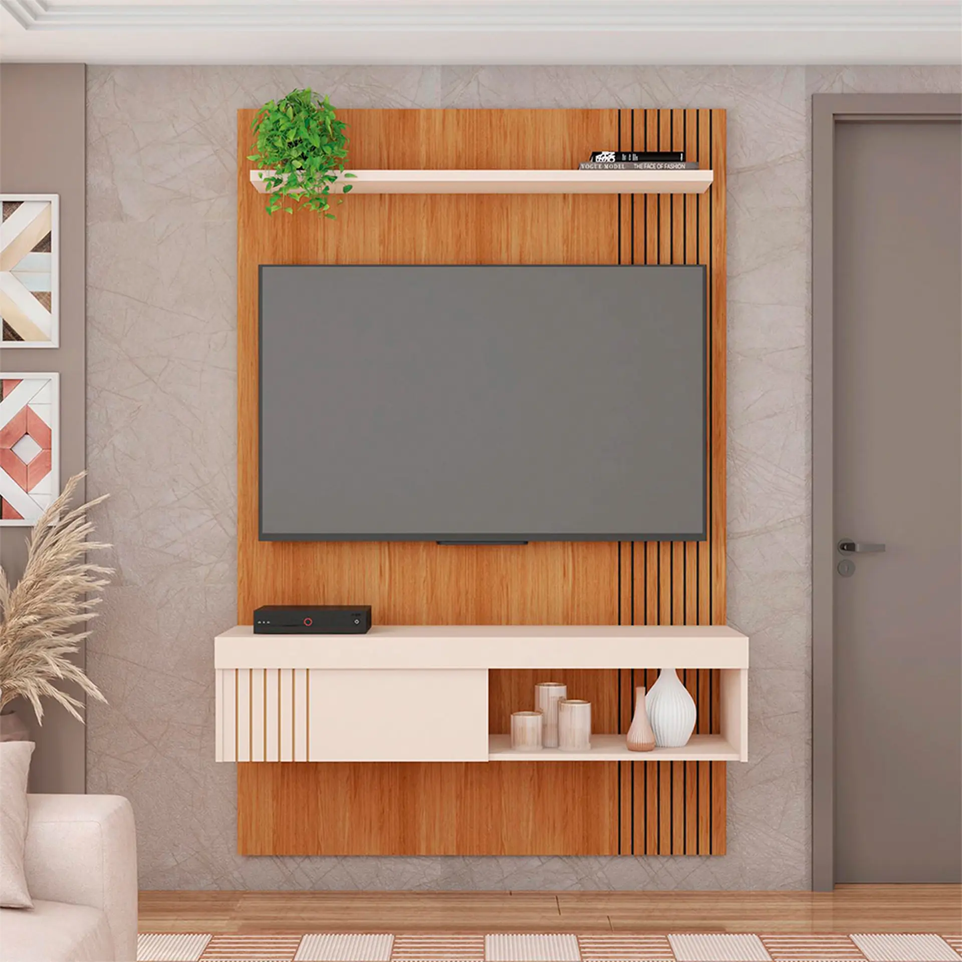 Painel para TV até 45" com Porta Deslizante Jade Caemmun - Freijo/Off White