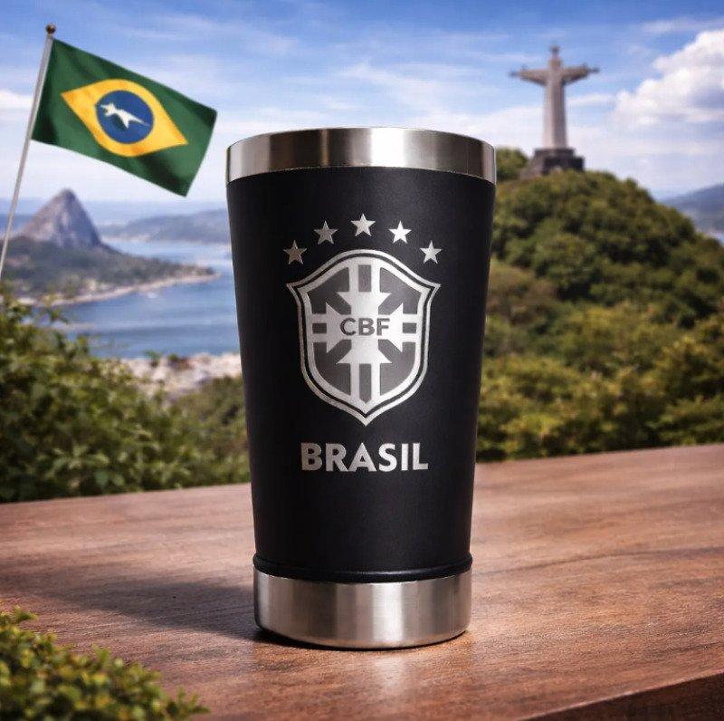 Copo Térmico Seleção Brasil 473 ml Aço Inox Com Tampa e Abridor Preto