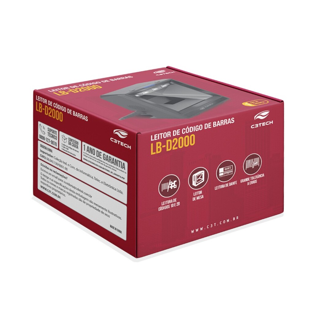 Leitor de Código de Barras e QR Code Imager 1D 2D Fixo de Mesa C3tech LB-D2000BK USB - lê Nota Fiscal Eletrônica Boleto Bancário