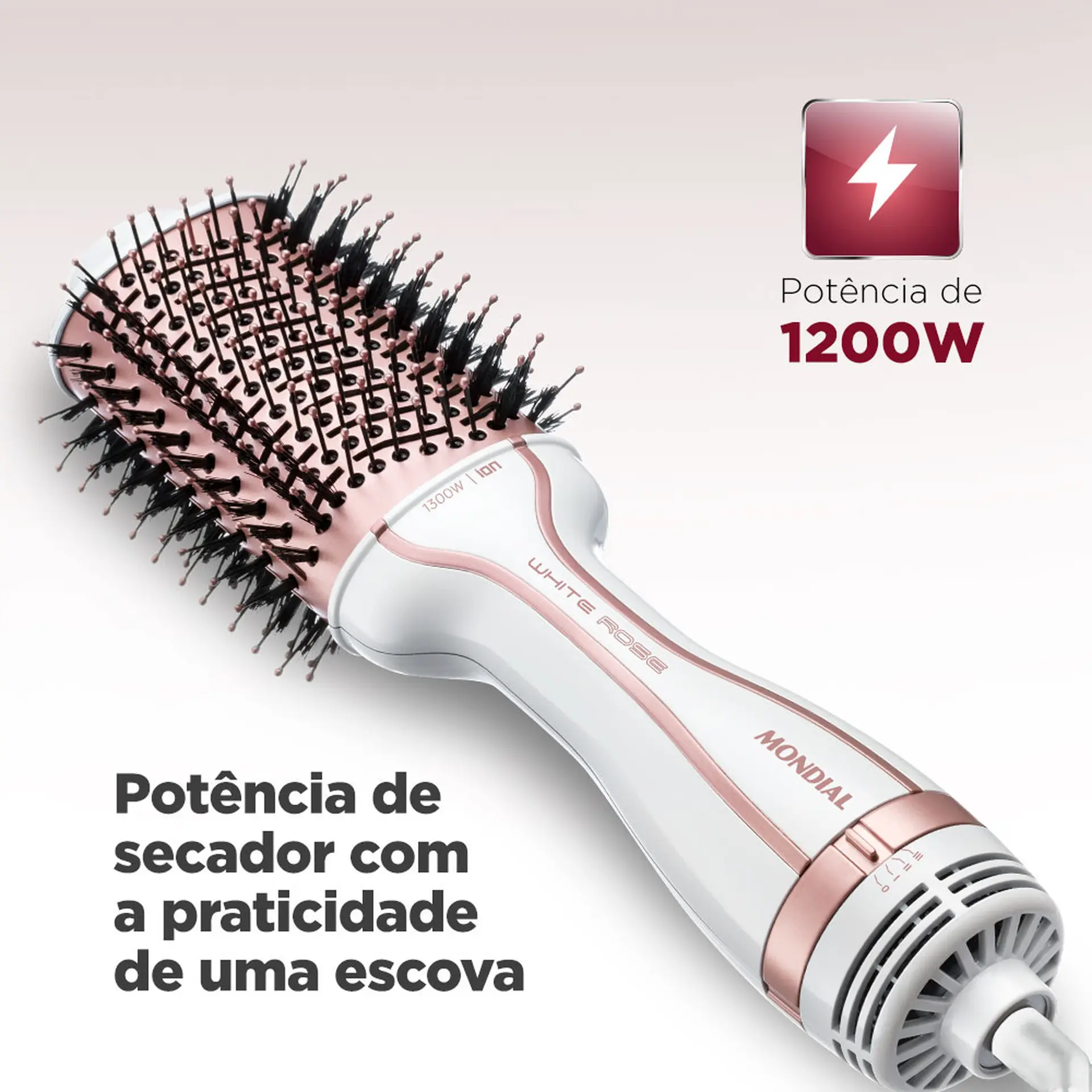 Escova Secadora Mondial White Rose Line ES-50 3 em 1 Tourmaline Íon 1200W - Branco/Rosa - Bivolt