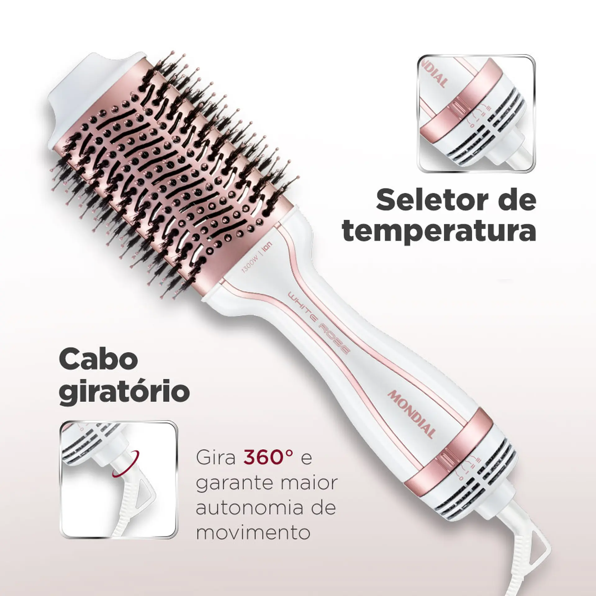 Escova Secadora Mondial White Rose Line ES-50 3 em 1 Tourmaline Íon 1200W - Branco/Rosa - Bivolt