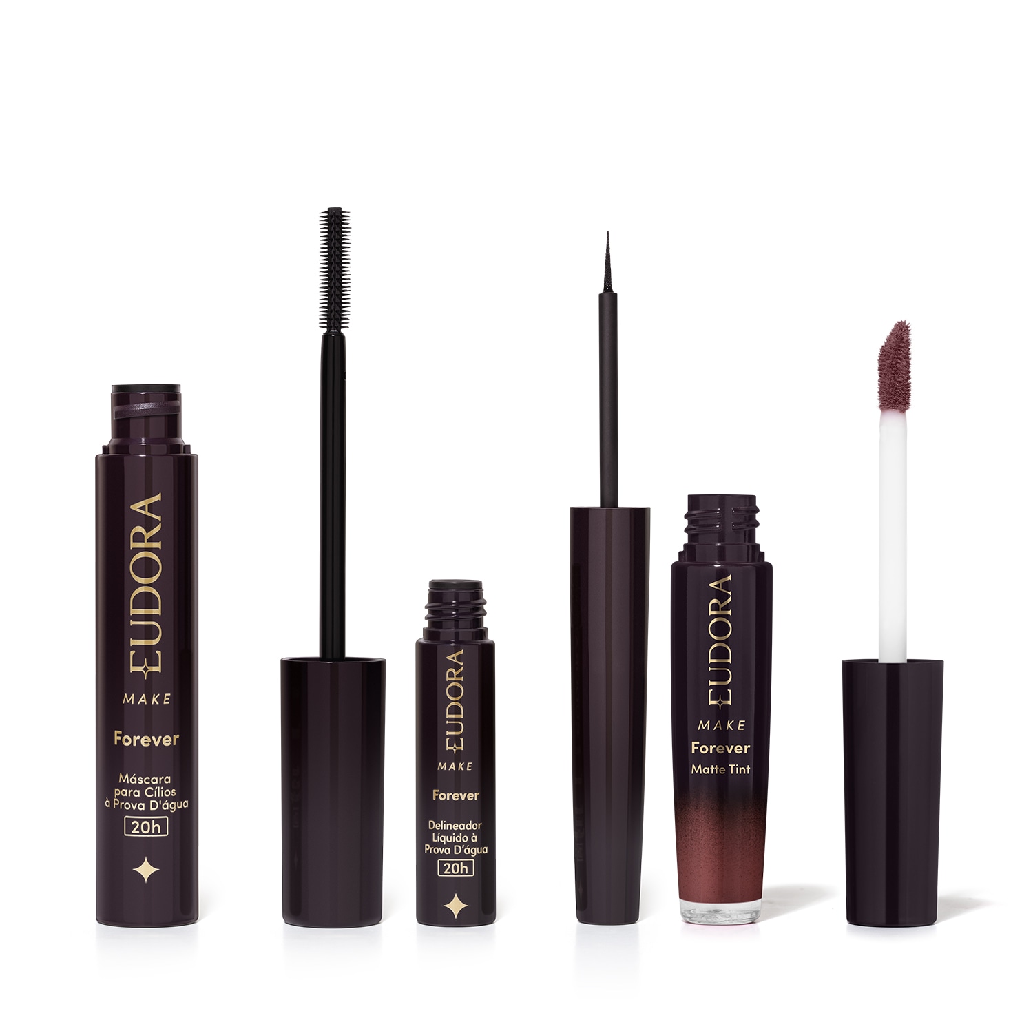 Combo Eudora Make: Máscara Cílios Forever 8g + Delineador Líquido Forever 3ml + Batom Líquido Matte Tint Rose Vintage 4ml