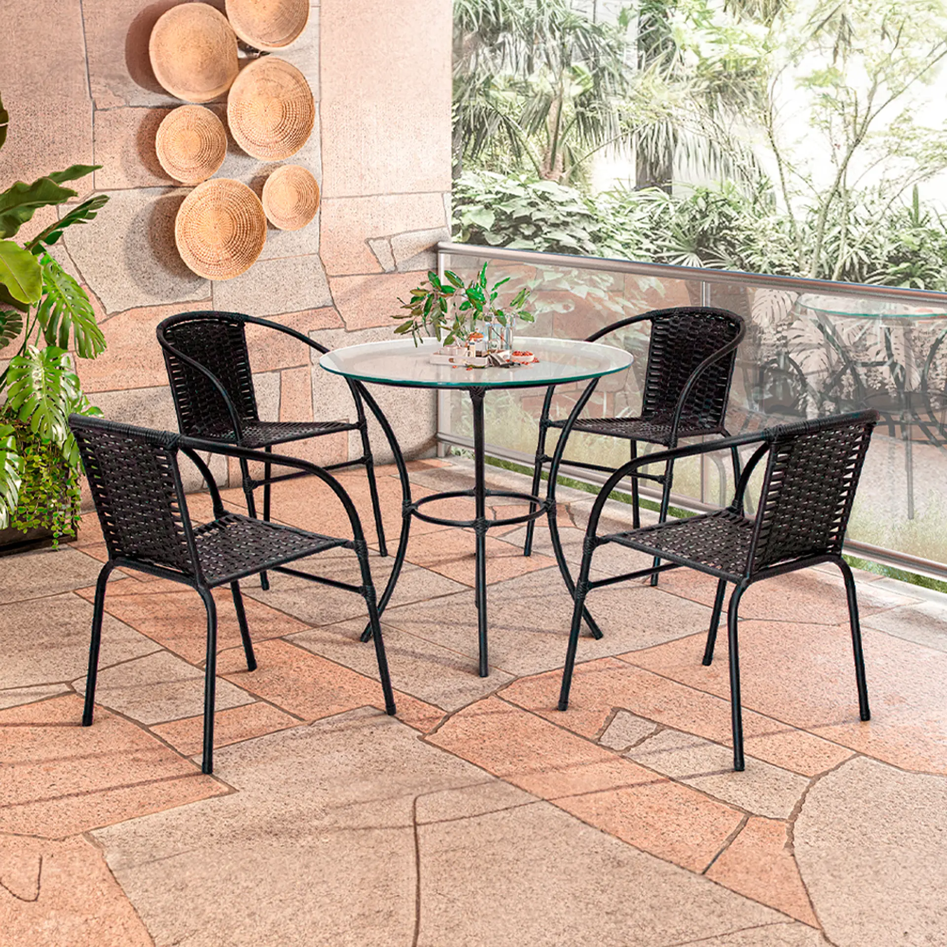 Conjunto de Mesa 4 Cadeiras Tampo de Vidro Happy Hour Cadeiras Fama - Preto