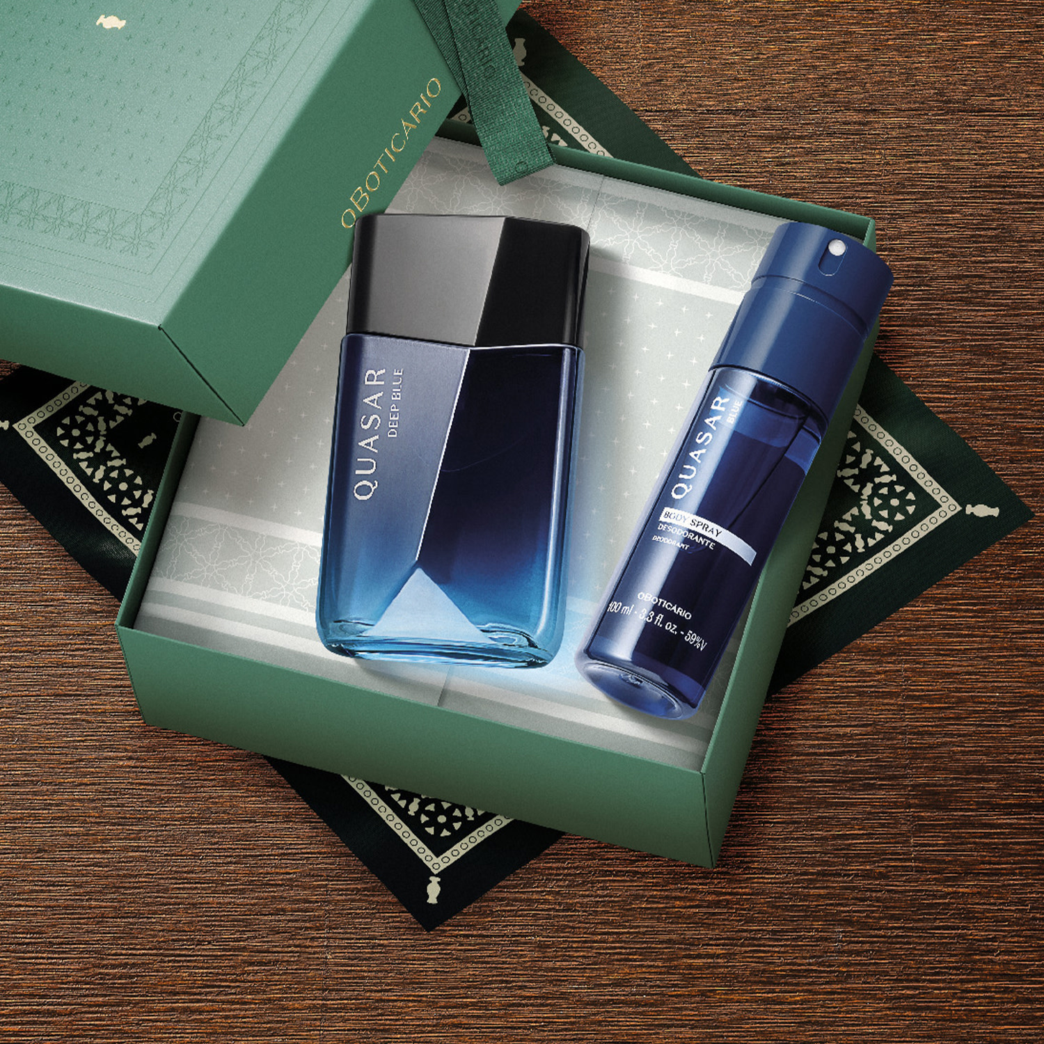 Combo Presente Quasar Deep Blue: Desodorante Colônia 100ml + Body Spray 100ml + Caixa Presenteável