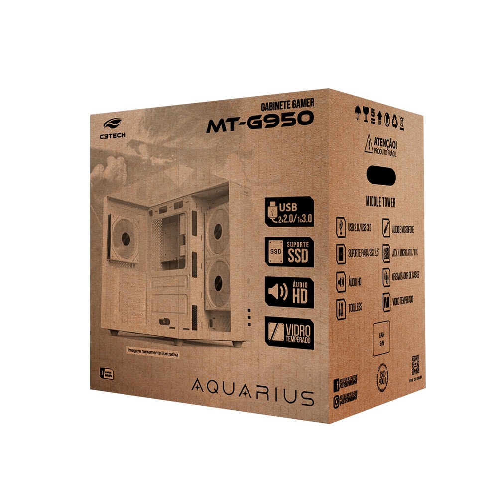 Gabinete Gamer C3tech Aquarius sem Cooler Fan e sem Fonte Lateral e Frente em Vidro Temperado Branco MTG950WH