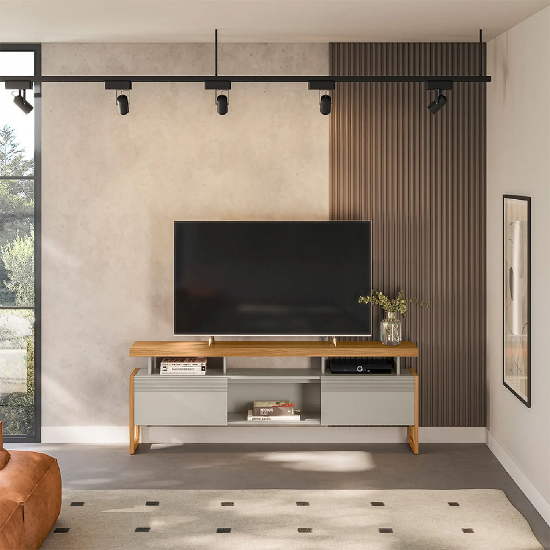 Rack para TV até 70" 2 Portas de Correr MDP e MDF Esmeralda Linea Brasil - Nature/Off White