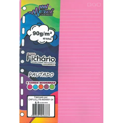 Bloco Fichário Merci Universitário Pautado com 40 Folhas Cores Modernas