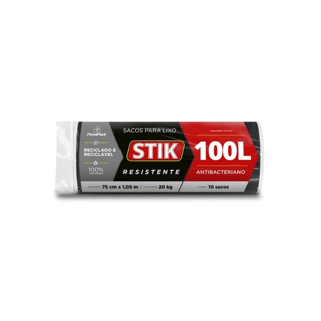 Saco de Lixo Preto 100 Litros 75x105cm Stik - 10121044 - Pacote com 10 Unidades
