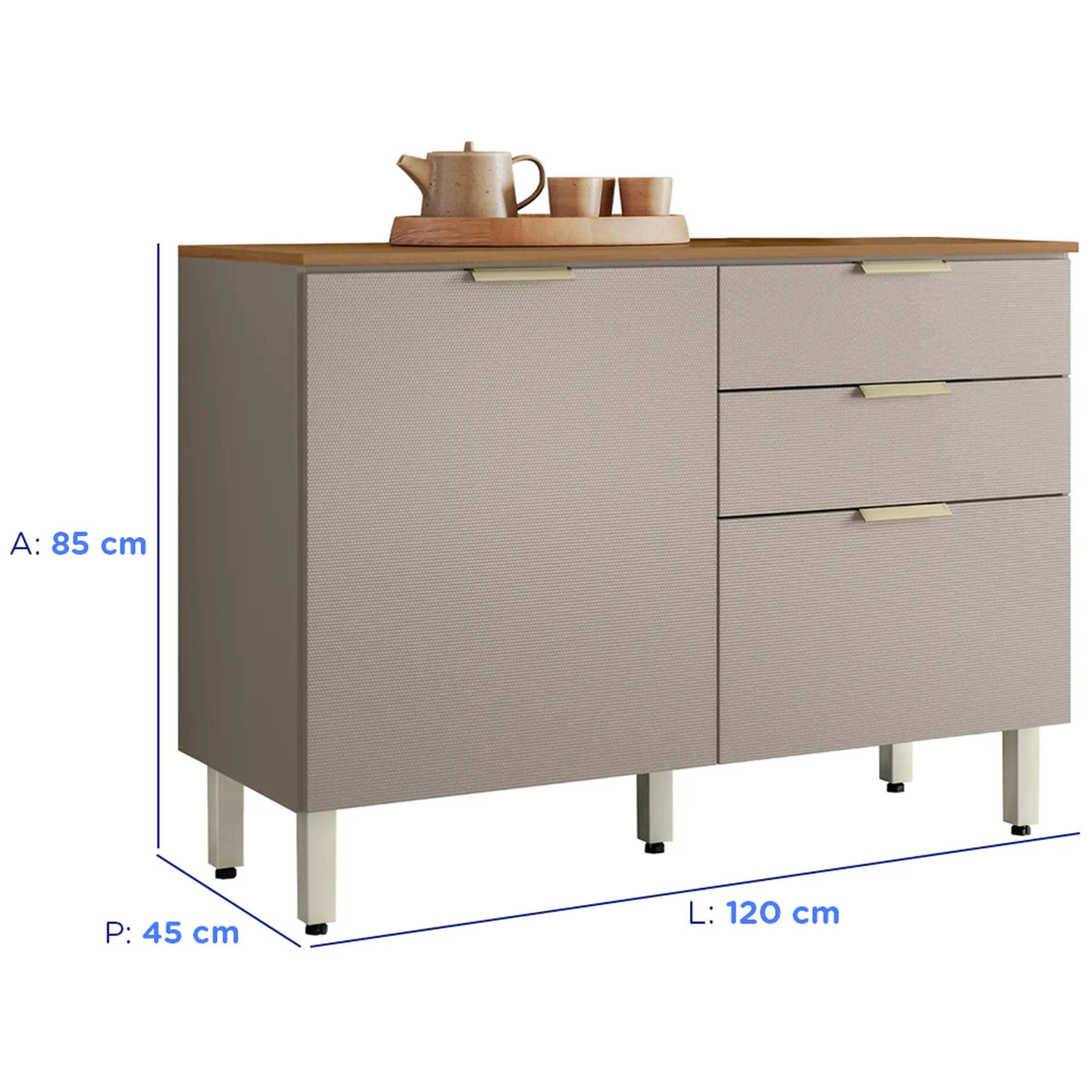 Balcão com Tampo 2 Portas 2 Gavetas 120cm MDP Alba Demóbile - Amendola/Nude Prime TX
